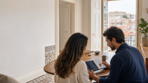 Casal analisando documentos e chave em apartamento em Lisboa para morar em Portugal