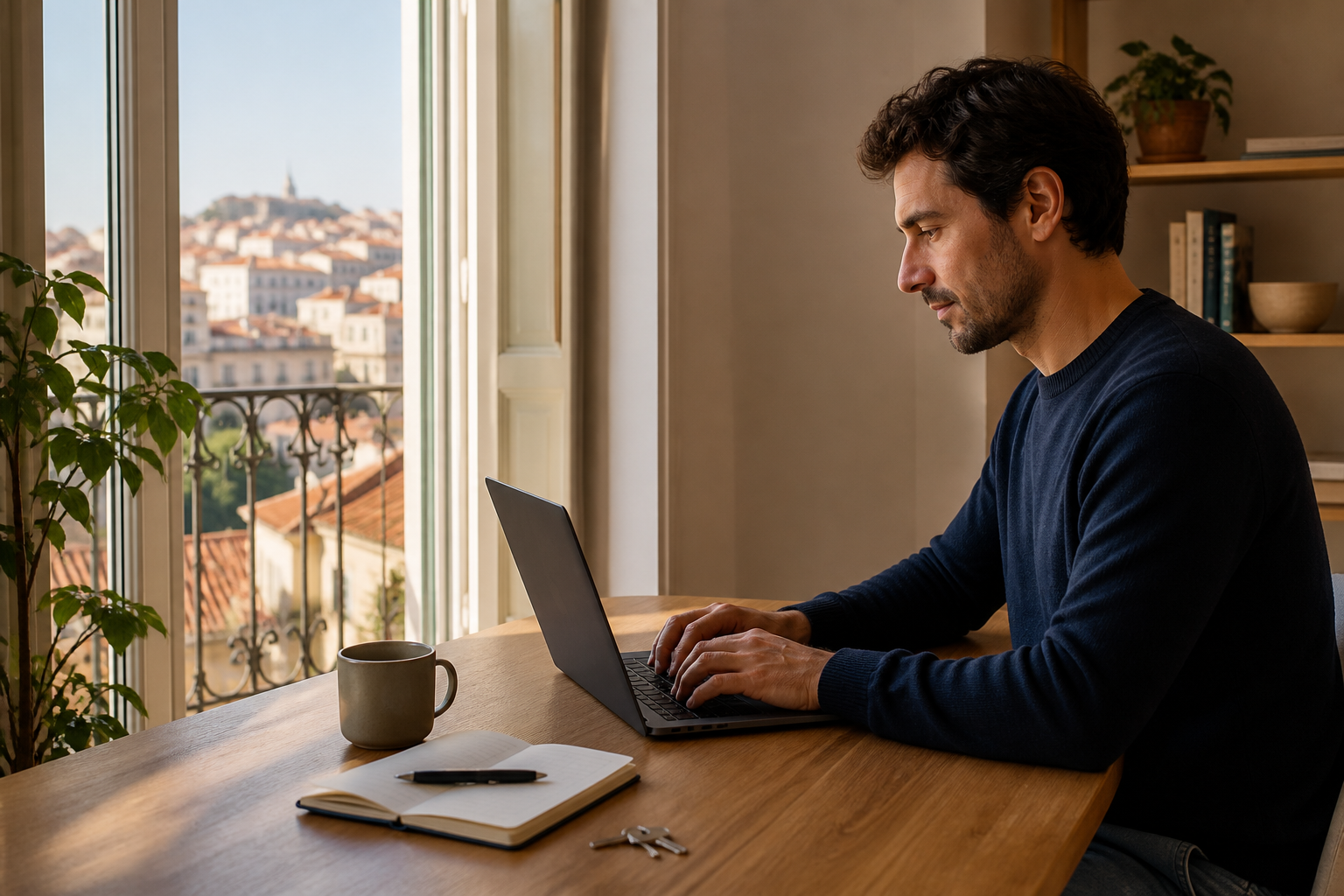 Profissional trabalhando remotamente em apartamento em Portugal com vista de Lisboa