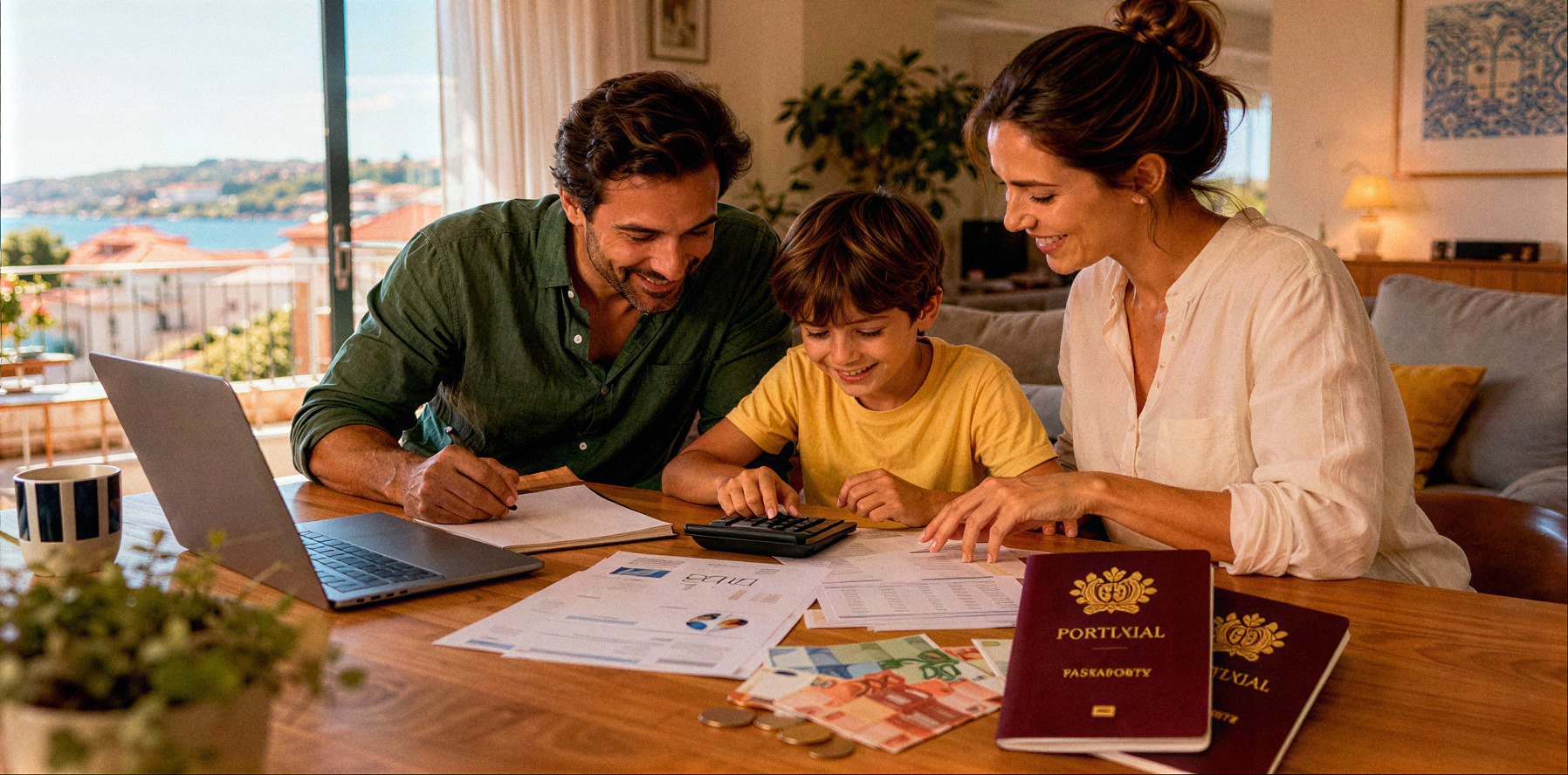 Família a calcular os meios de subsistência para morar em Portugal, com passaportes e dinheiro sobre a mesa