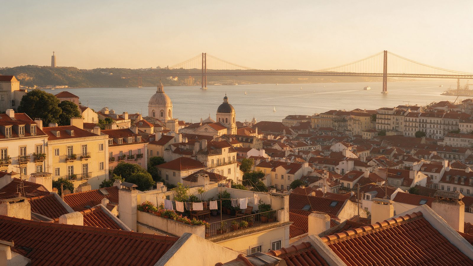 Telhados de Lisboa ao pôr do sol, com a cúpula de uma igreja e a Ponte 25 de Abril ao fundo