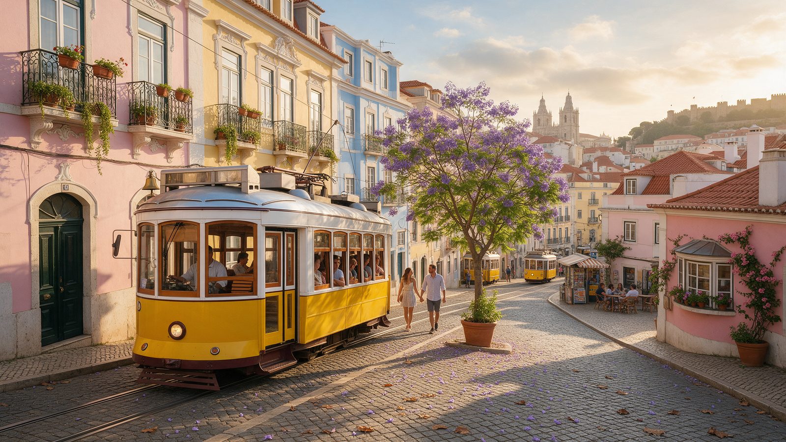 Rua de Lisboa com elétrico amarelo, casas coloridas e um jacarandá em flor