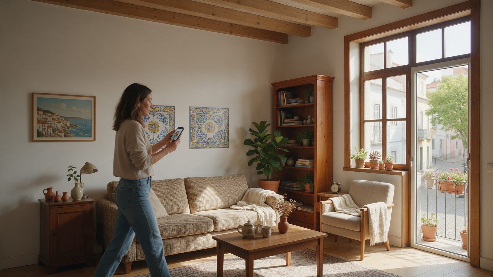 Mulher fazendo uma videochamada pelo celular enquanto mostra a sala de um apartamento em Portugal