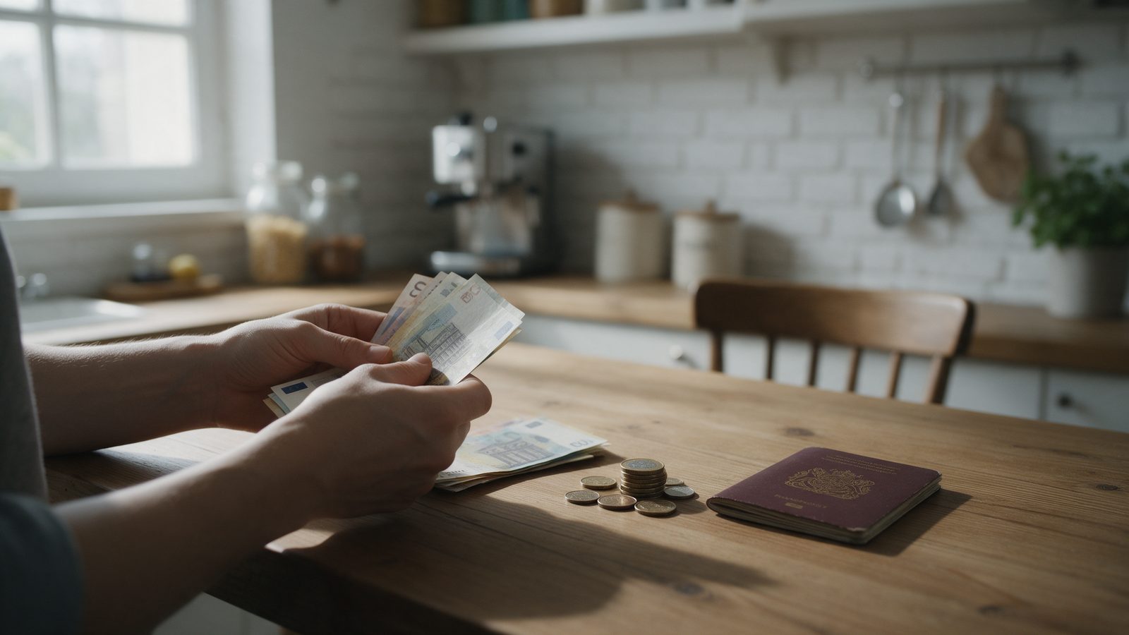Mãos contando notas de euro ao lado de moedas e de um passaporte sobre uma mesa de cozinha