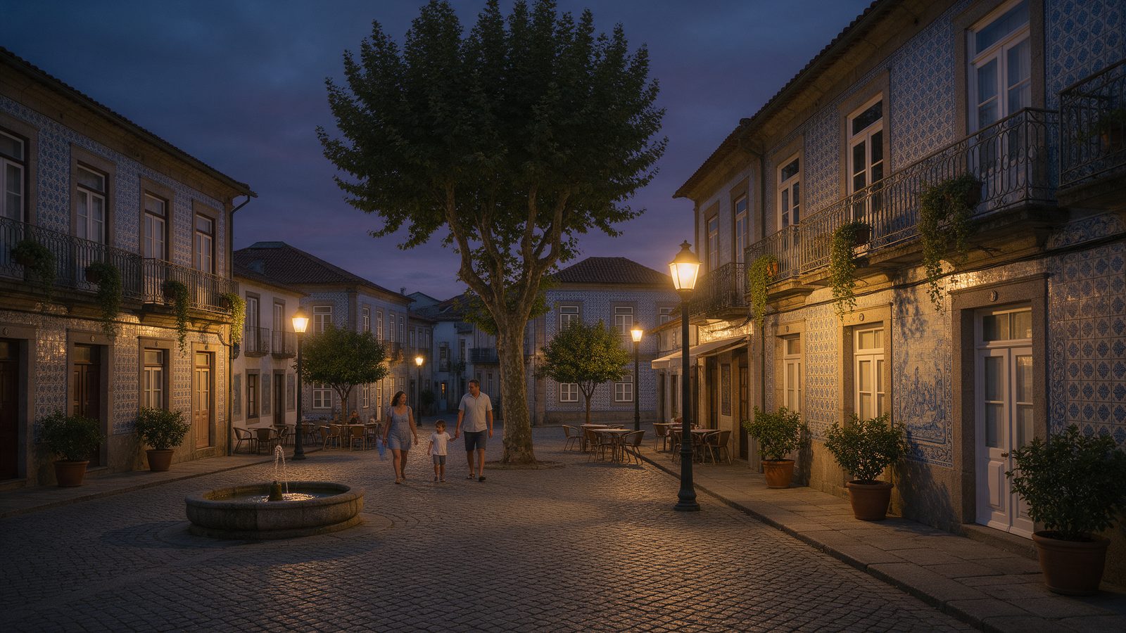 Praça histórica portuguesa ao anoitecer, com fachadas de azulejos, candeeiros acesos e uma família passeando