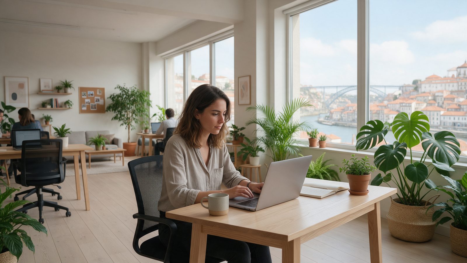 Jovem profissional trabalhando no notebook num espaço de coworking com vista para o Porto