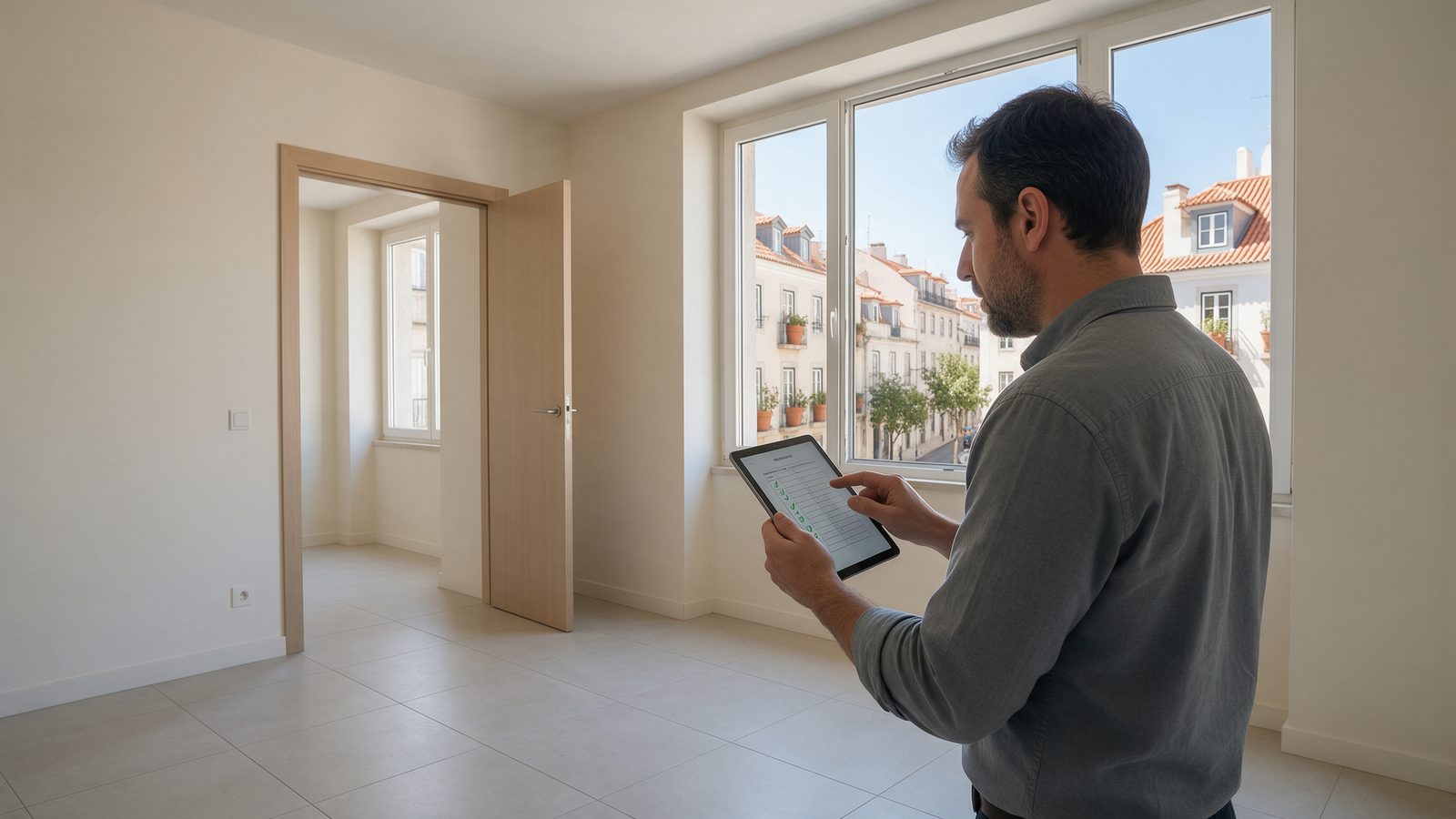 Homem verificando, com um tablet, as janelas de um apartamento vazio em Lisboa durante a vistoria do imóvel